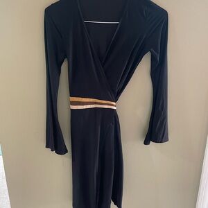 Black Wrap Dress with Brown Belt Tie